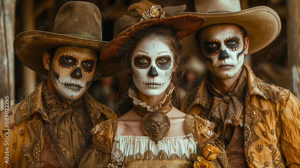Family photo of both adults and children, dressed in traditional Día de los Muertos attire with elaborate face paintings Family photo of both adults and children, dressed in traditional Día de los Muertos attire with elaborate face paintings