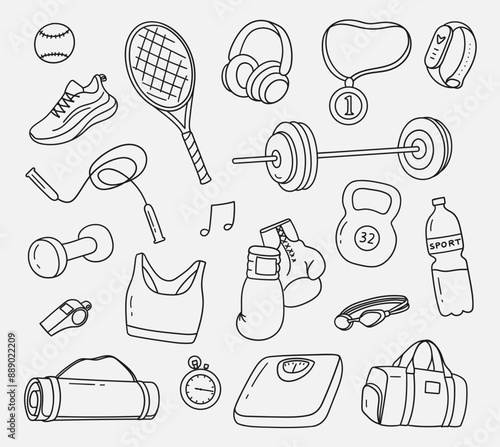 Set of drawings of sketches of sports equipment. Hand drawn sketch of healthy sport, gym. Vector illustration.
