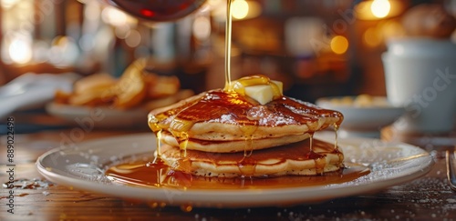 Golden Brown Pancakes Drizzled With Syrup and a Pat of Butter