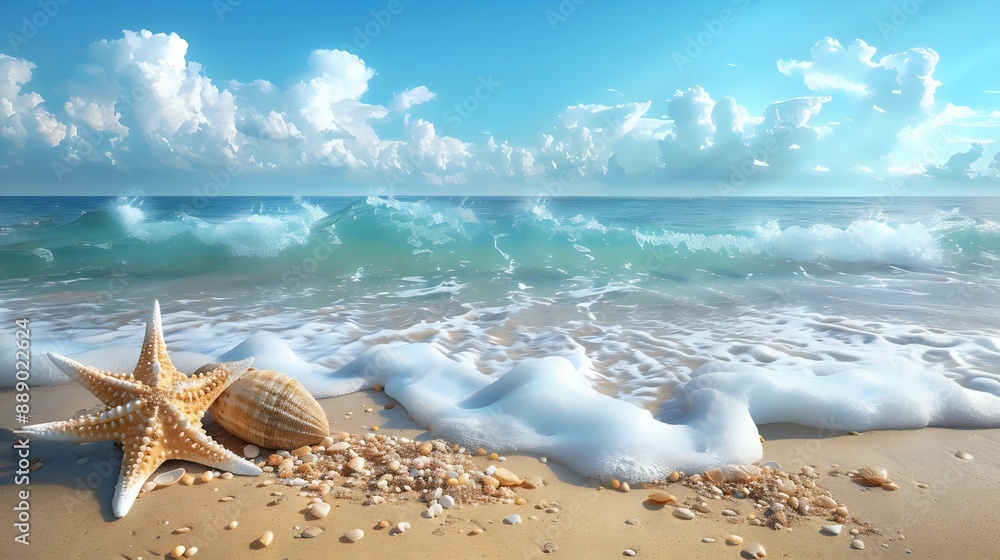 A starfish is laying on the sand next to the ocean A starfish is laying on the sand next to the ocean