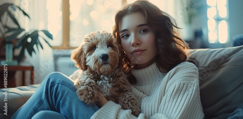 Woman Relaxing on Couch With Puppy During Daytime