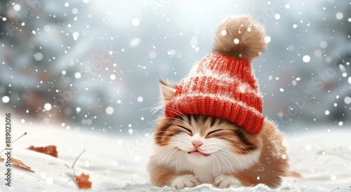 A Cozy Cat Wearing an Orange Hat Enjoys the Snowfall