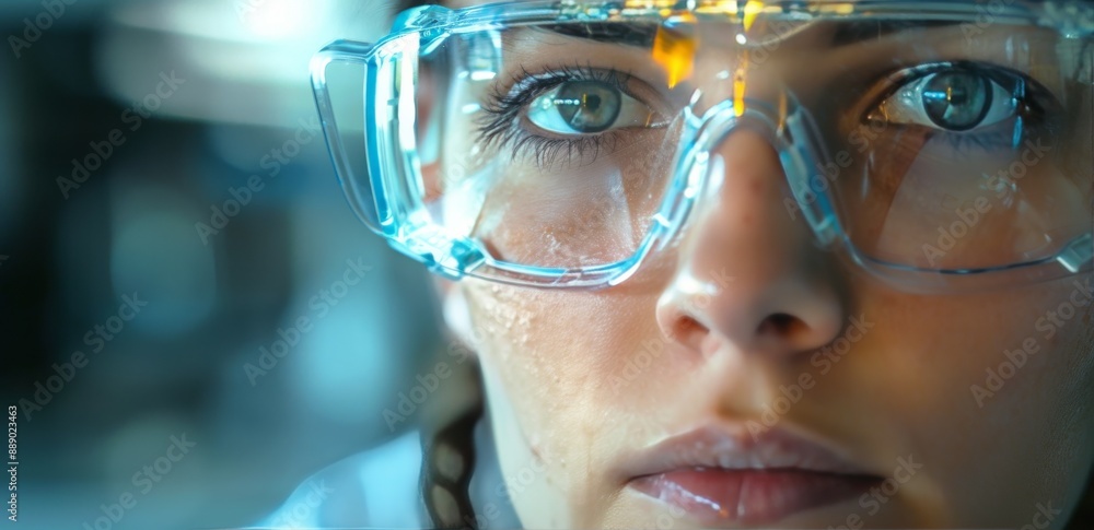 Close Up of a Woman Wearing Safety Glasses in a Laboratory Setting Close Up of a Woman Wearing Safety Glasses in a Laboratory Setting
