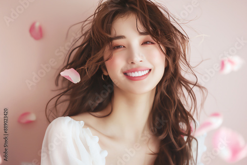 花びら舞う輝く笑顔の女性のポートレート
