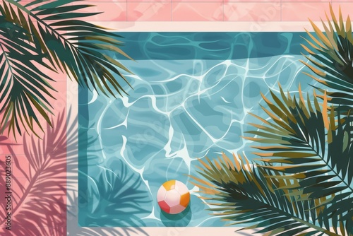 Overhead View of Swimming Pool With Palm Trees and Beach Ball