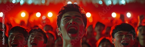 Excited Fan Screaming During a Live Concert in a Red Lit Venue
