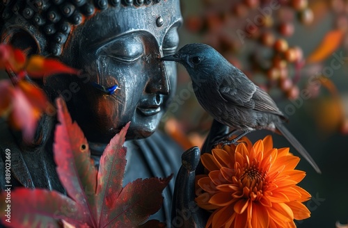 Serene Buddha Statue With a Blue Bird Perched on Autumn Leaves