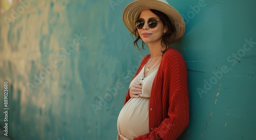 Pregnant Woman in Red Cardigan Leans Against Blue Wall
