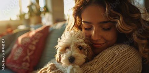 Woman Holding Small White Dog In Home During Daytime