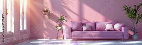 A Purple Sofa In A Bright Pink Room With Plants And Sunlight