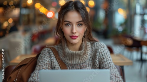 Young Woman Using Laptop in Modern Cafe Setting