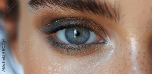 Close Up of a Womans Blue Eye With Glitter Eyeshadow