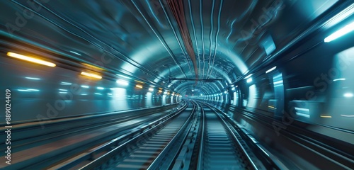 Illuminated Train Tracks Through a Blue Underground Tunnel