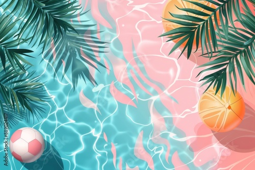 Overhead View of Swimming Pool With Palm Trees and Beach Ball