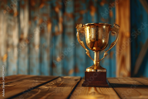 a gold trophy on a wooden surface