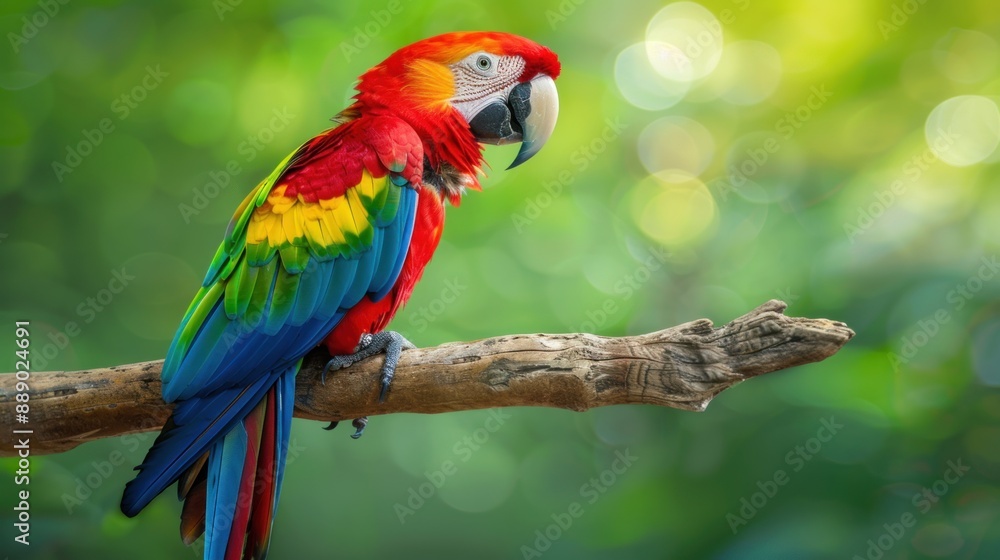 Obraz premium Parrot perched on a branch with a green background