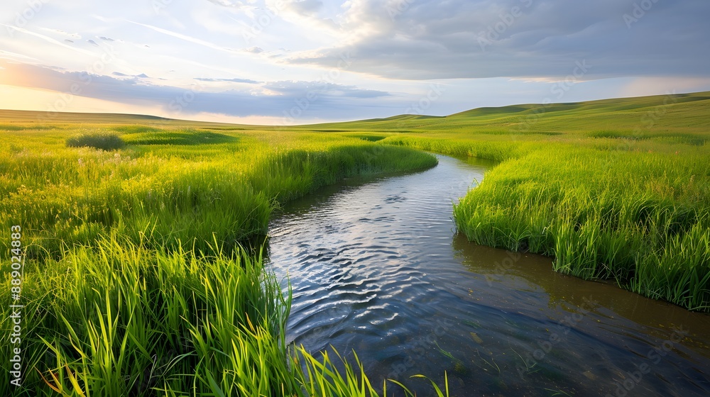 Serene Prairie Harmony: Captivating Distant Storm and Tranquil Stream in Expansive Soft Light Serene Prairie Harmony: Captivating Distant Storm and Tranquil Stream in Expansive Soft Light