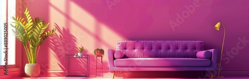A Purple Sofa In A Bright Pink Room With Plants And Sunlight