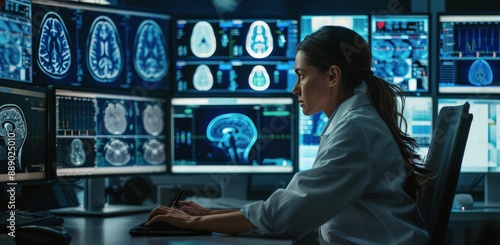 Female Scientist Analyzing Brain Scans on Computer Monitors in a Modern Lab