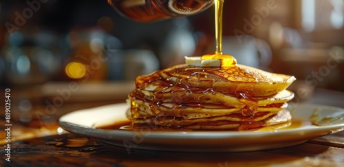 Golden Brown Pancakes Drizzled With Syrup and Butter
