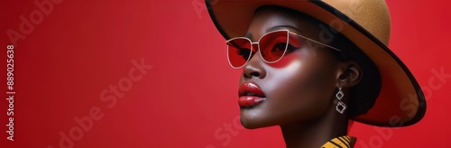 Woman In Sunglasses And Fedora Posing Against A Red Background