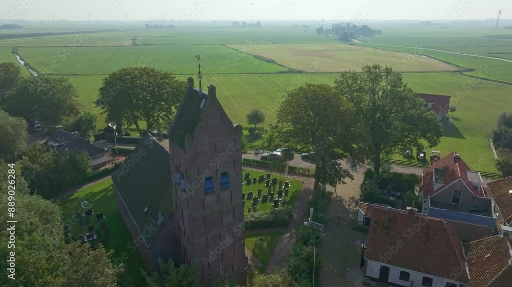 Aerial view of picturesque village with old church and scenic countryside, Allingawier, Friesland, Netherlands. Aerial view of picturesque village with old church and scenic countryside, Allingawier, Friesland, Netherlands.