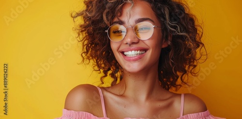 Smiling Woman With Curly Hair Wearing Pink Sunglasses Against Yellow Background