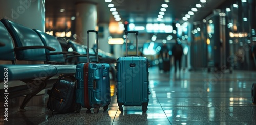 Three Suitcases Resting on a Bench in an Airport Terminal
