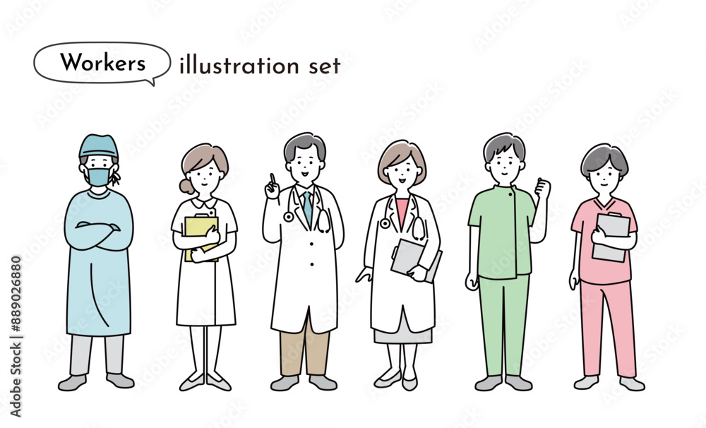 様々なポーズをとる医療従事者のイラストセット 様々なポーズをとる医療従事者のイラストセット
