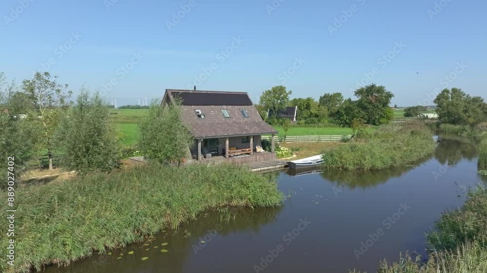 Aerial view of tranquil river, rural countryside, and serene house, Allingawier, Friesland, Netherlands. Aerial view of tranquil river, rural countryside, and serene house, Allingawier, Friesland, Netherlands.