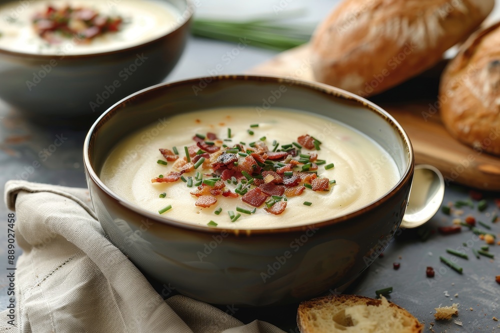Creamy Potato Soup With Bacon and Chives, Ready for Dinner Creamy Potato Soup With Bacon and Chives, Ready for Dinner