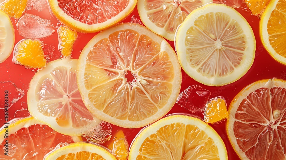 Subtle splash of red water with plenty of copy space, featuring lemon slices and orange pieces for a dynamic background Subtle splash of red water with plenty of copy space, featuring lemon slices and orange pieces for a dynamic background