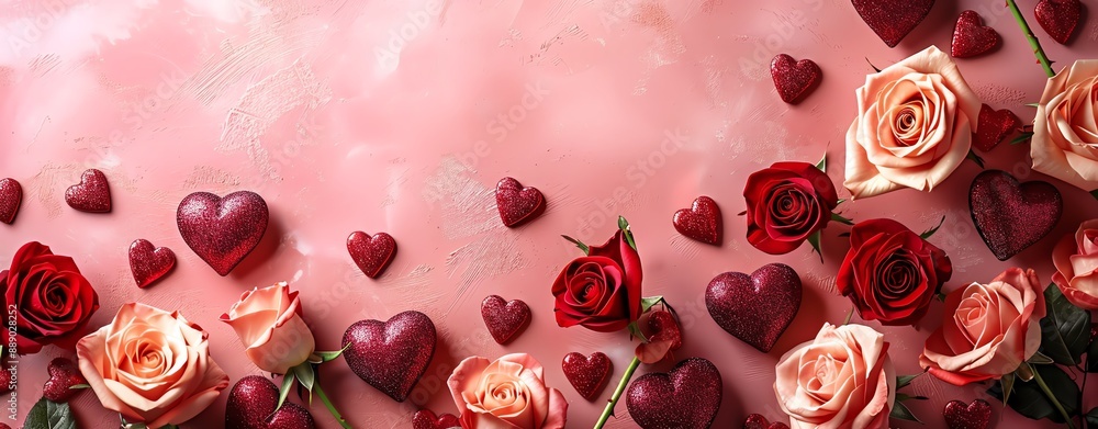 Template background for Valentines Day with hearts and roses, ample copy space Template background for Valentines Day with hearts and roses, ample copy space
