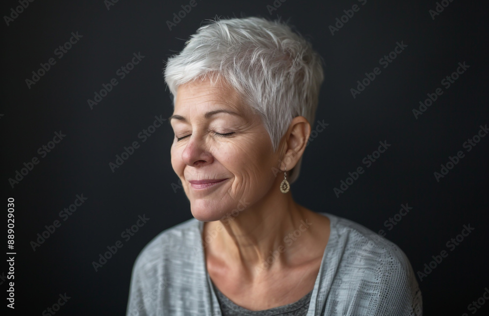 A senior woman, sporting short white hair, dressed in a gray top adorned with gold earrings. A senior woman, sporting short white hair, dressed in a gray top adorned with gold earrings.