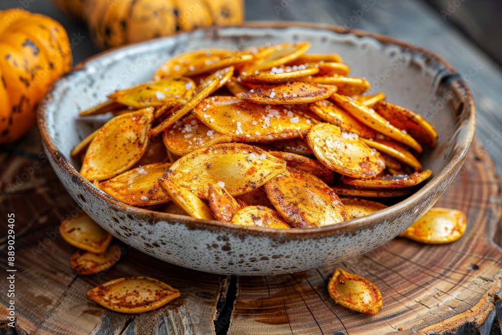 Roasted Salted Pumpkin Seeds in Bowl With Whole Pumpkins Roasted Salted Pumpkin Seeds in Bowl With Whole Pumpkins