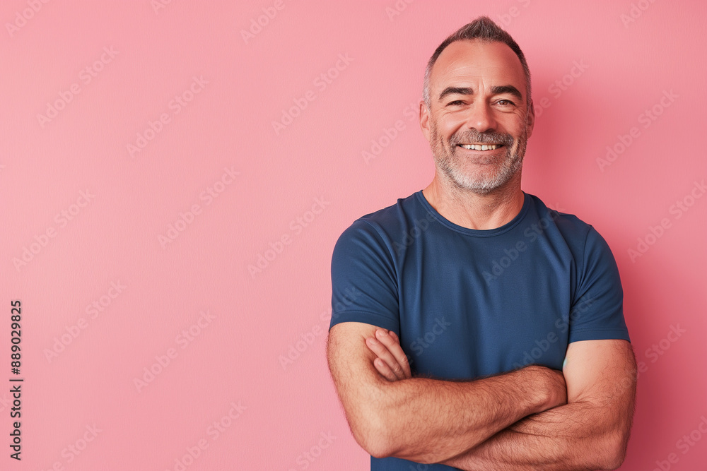 Smiling Middle age Caucasian man with arms crossed, isolated on pink background Smiling Middle age Caucasian man with arms crossed, isolated on pink background