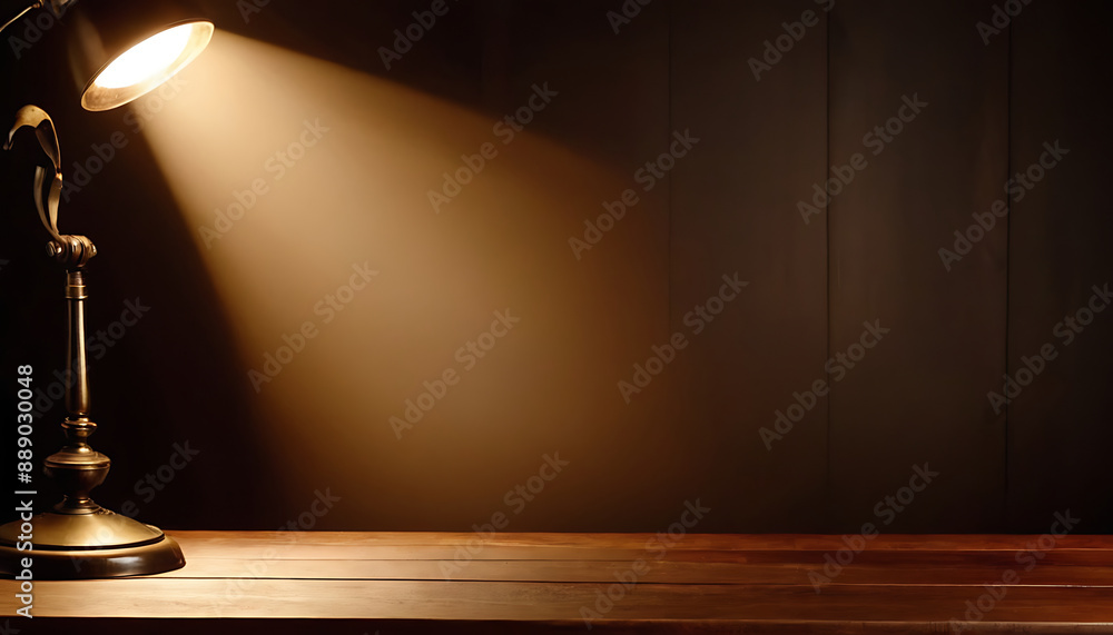 An antique desk lamp with a warm glow illuminates a polished wooden table against a dark wall. An antique desk lamp with a warm glow illuminates a polished wooden table against a dark wall.