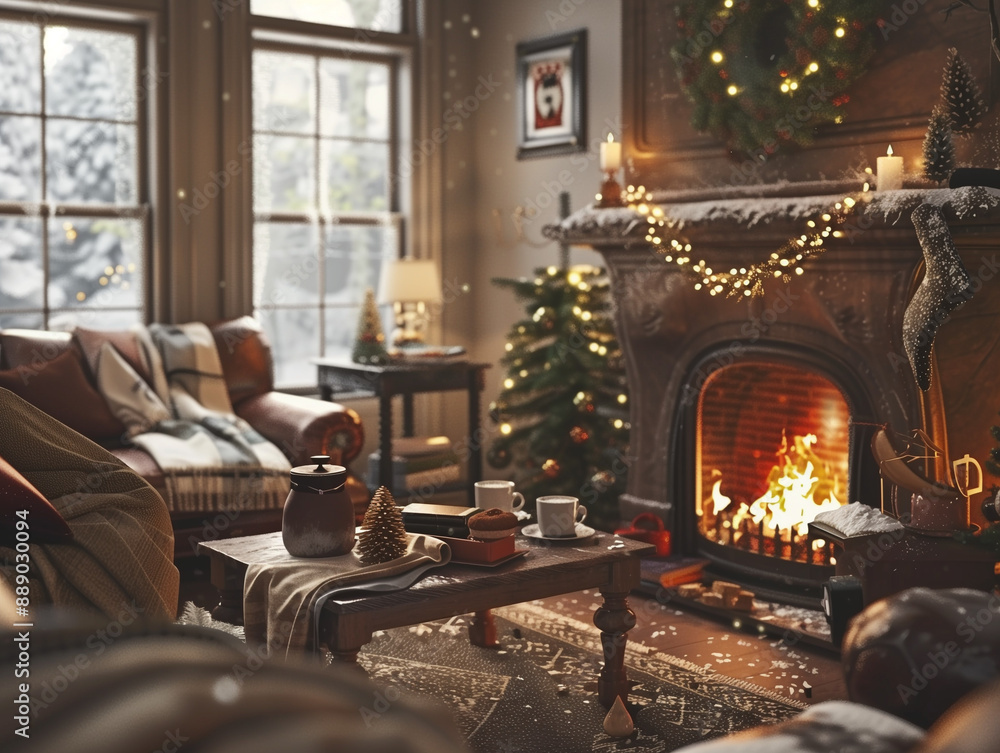 Fototapeta premium A cozy living room with a fireplace and a family enjoying hot cocoa
