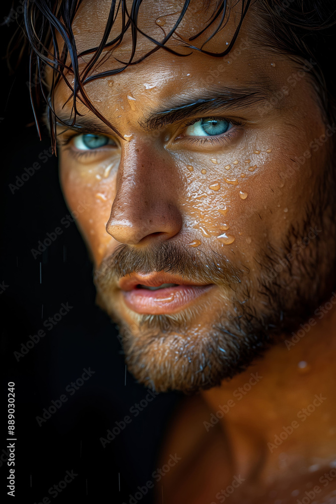 Muscular man with intense gaze and tousled hair. Muscular man with intense gaze and tousled hair.