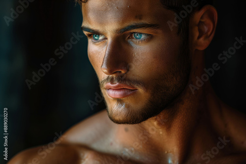 Muscular man with intense gaze and tousled hair.