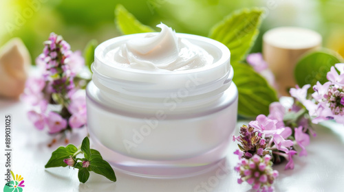 A jar of overnight collagen mask among leaves, flowers, and wooden pieces, with a softly blurred background highlighting the natural ingredients and eco-friendly approach to skincare