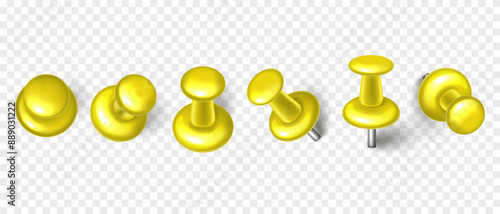 Vector 3D yellow push pin with shadow isolated on transparent background. Set of realistic plastic thumbtack in different angles.