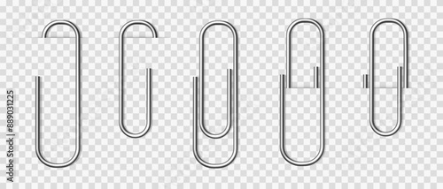 Vector realistic silver metal paper clip isolated on transparent background.