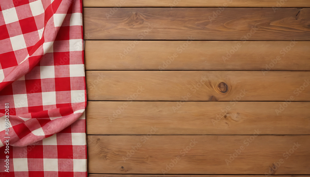 A red and white checkered tablecloth draped over a rustic wooden table. Ideal for food photography, restaurant promotions, picnic themes, or kitchen decor inspiration. A red and white checkered tablecloth draped over a rustic wooden table. Ideal for food photography, restaurant promotions, picnic themes, or kitchen decor inspiration.