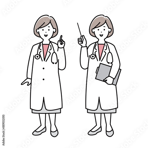 指を指して説明をする女医の全身イラスト素材のセット