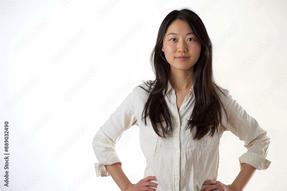 Korean woman in casual attire hands on hips white   085 woman, beauty, smile, businesswoman, business, person, smiling, people, lady, brunette, model, one, face, hand, standing, looking, studio, casua