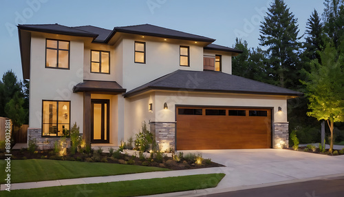 A well-lit, modern two-story house with a white and stone exterior, a warm wooden garage door, and manicured landscaping, photographed at dusk. Ideal for real estate listings, home decor inspiration, 