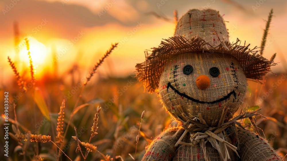 Fototapeta premium In a wheat field, a cheerful scarecrow basks in the suns warm light, creating a serene rural scene. Helloween concept