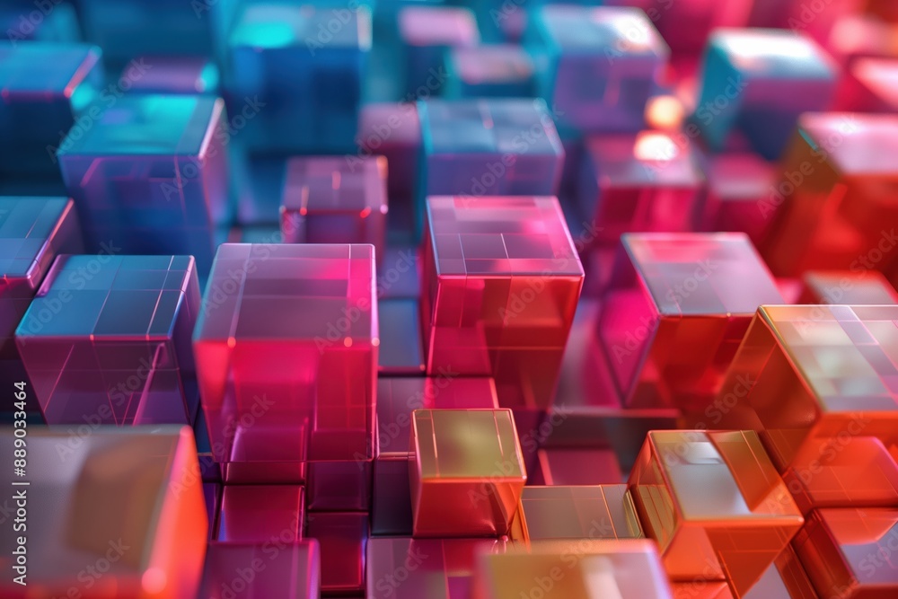 Fototapeta premium Gradient of 17 Floating Cubes in Hyper-Realistic 8K Detail with Stunning Shadows and Reflections