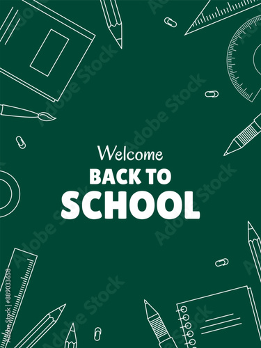 Back to school poster. Minimalist design with school supplies, stationery doodle. Vector illustration